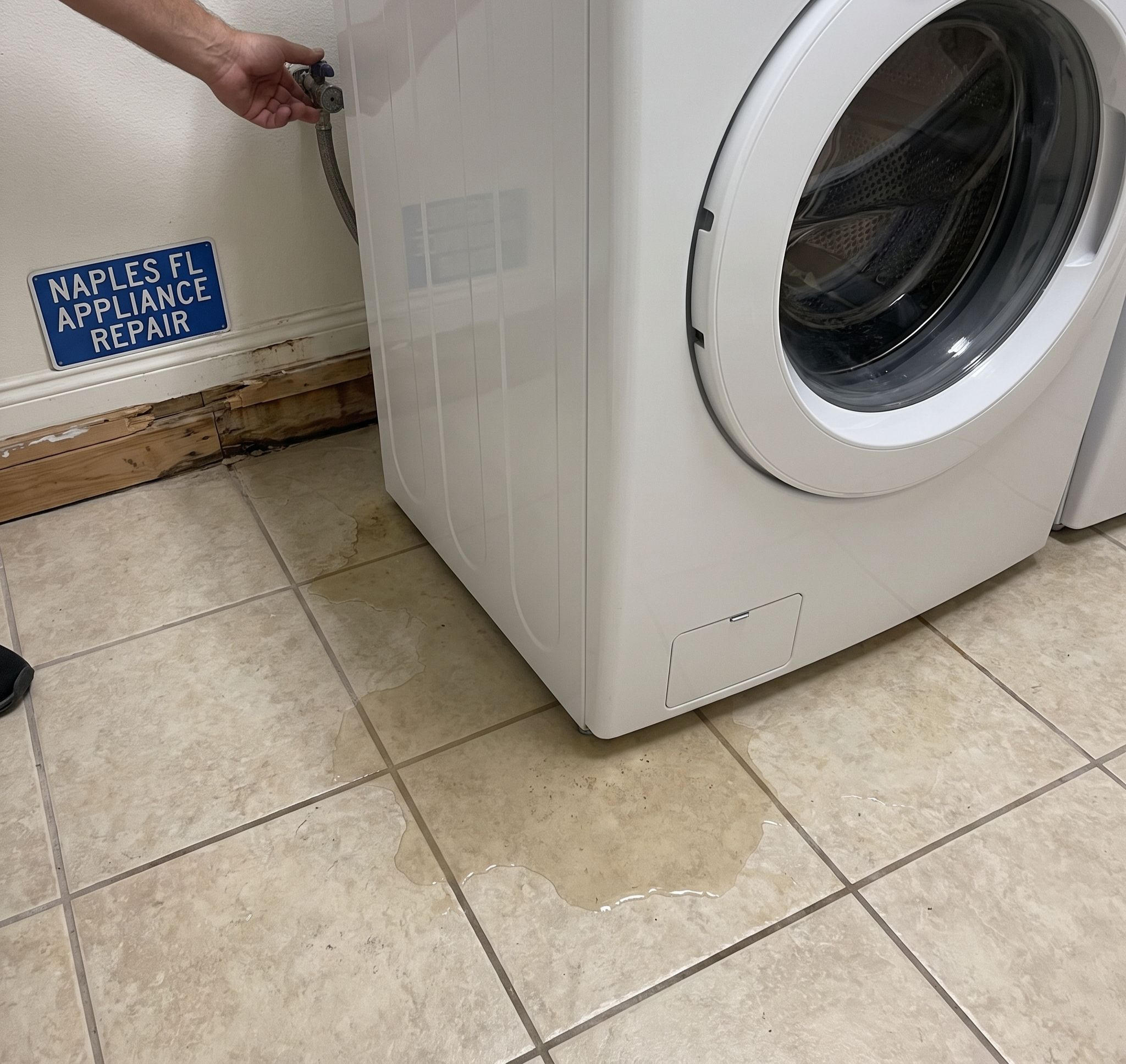 Water pooling underneath a leaking washing machine